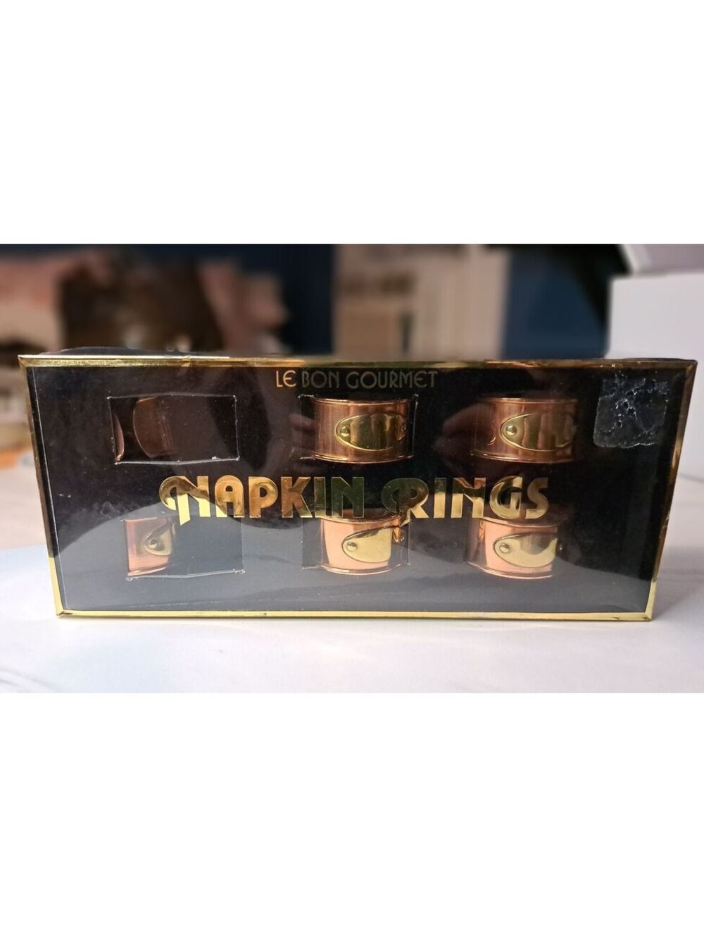Vintage Set of 6 Le Bon Gourmet Copper & Brass Nameplate Napkin Rings